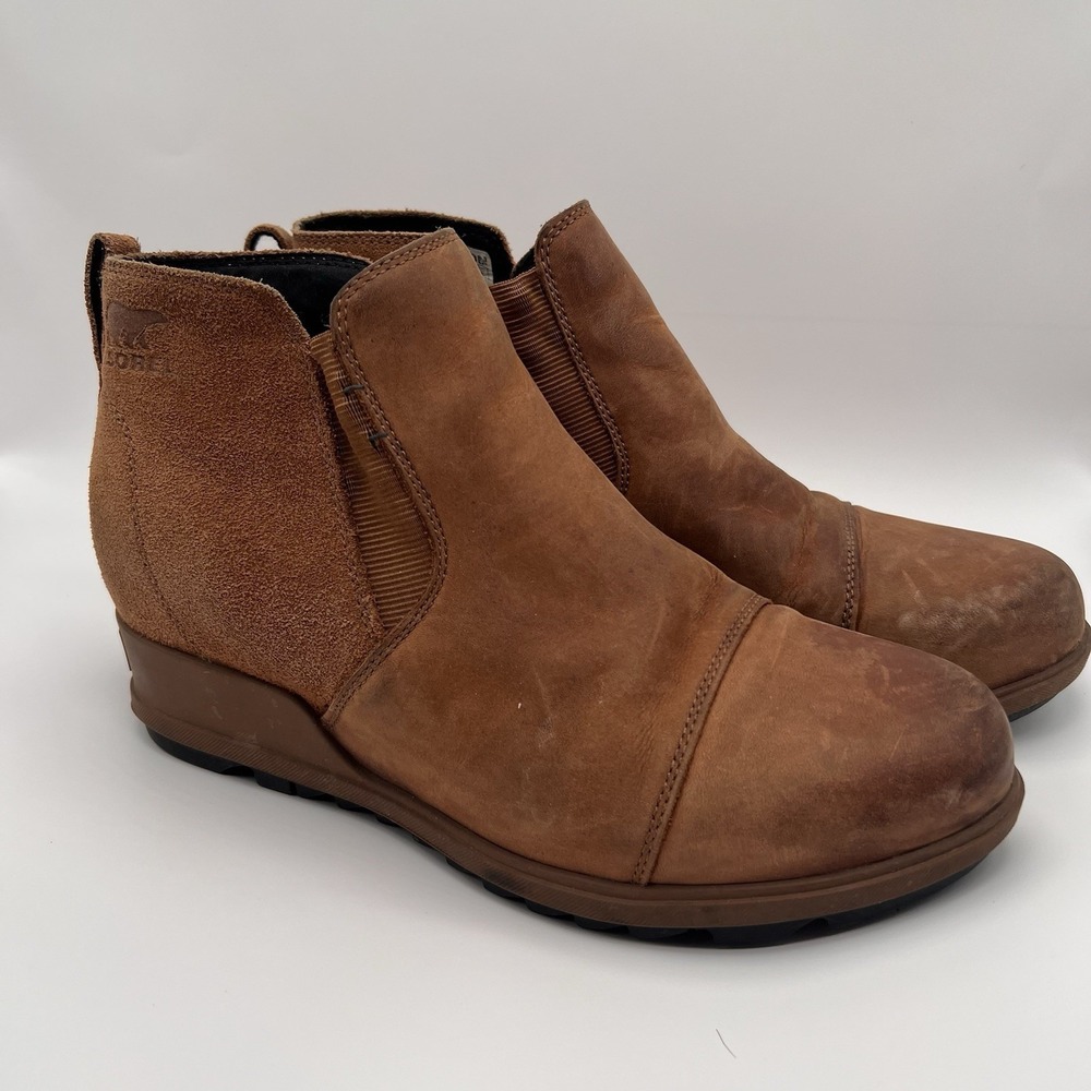 Sorel Womens Evie Boot Shoes II 10 Hidden Wedge Heel Brown Suede Chelsea Leather